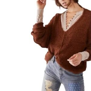 Free People Icing V-Neck Oversized Pullover Eyelash Knit Sweater